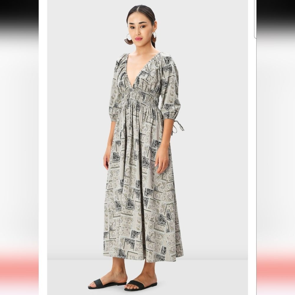 eShakti Paisley Cotton elastic Empire Waist Gray Patterned Maxi Dress Size 3X